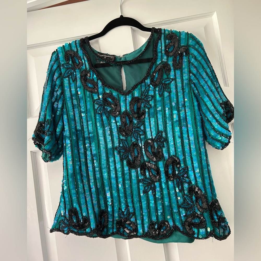 Vintage Royal Feelings Teal Green Blue Black Beaded Sequin Women's Top Paisley S